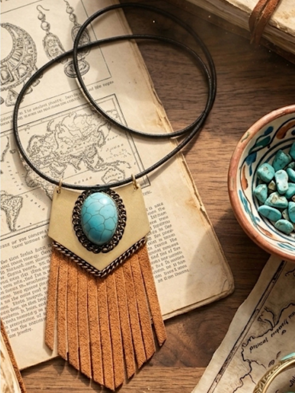 Turquoise like Stone Fringe Necklace in Tan Suede - Women Jewelry